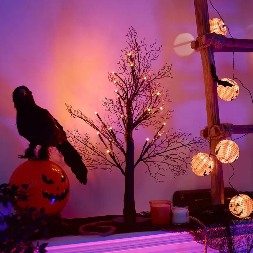 Ikea KUSTFYR Halloween Tree Black Table Lamp Orange LED 20.5" 005.603.17 NEW